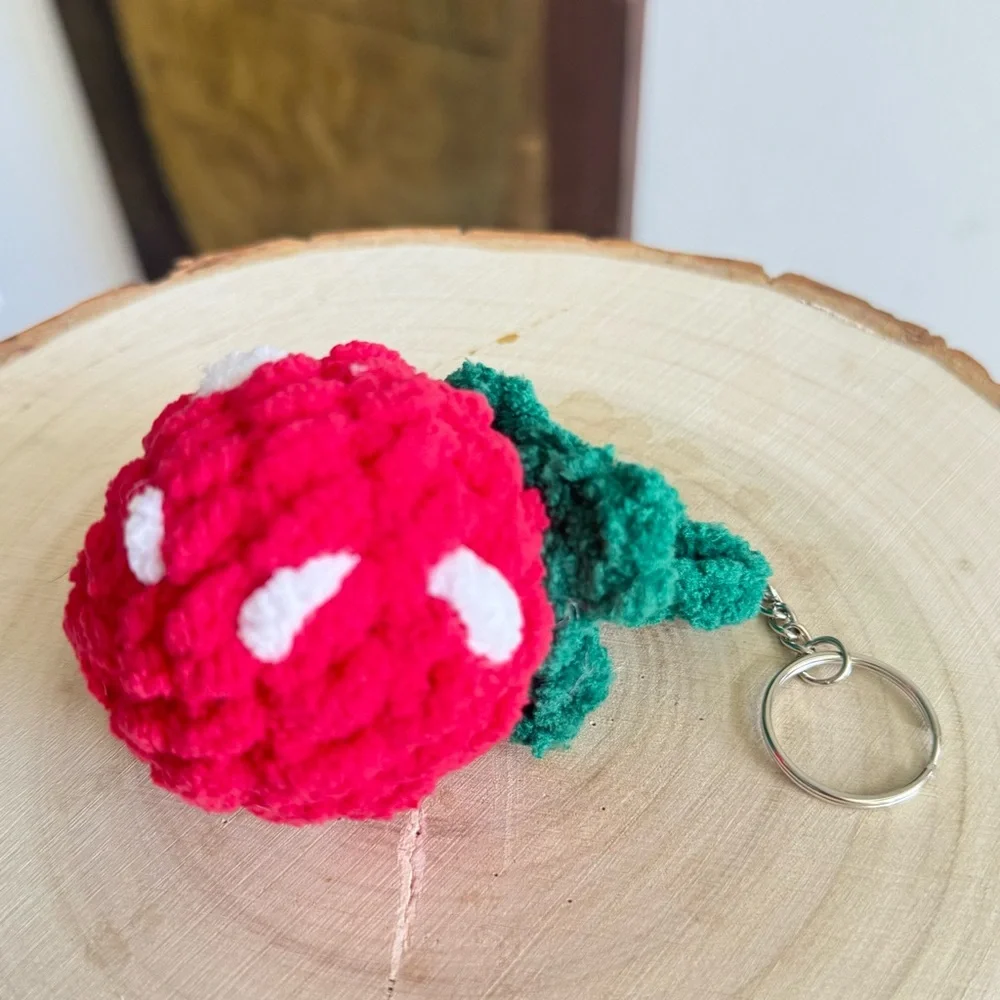 Handmade Strawberry Crochet Plushie Keychain – Soft Chenille Yarn Mini Bag Charm